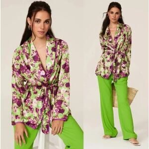 Giovanna Nicolai Green Purple Floral Satin Wrap Tie Top Blouse Sz 40 S